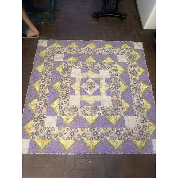 Handmade Patchwork Country Floral Petal Purple Yellow Cottage Quilt 60” X 60” - Picture 1 of 8